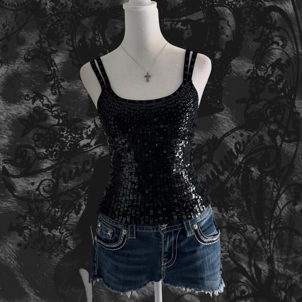 glossy shine sequins double strap shoulders black cami top